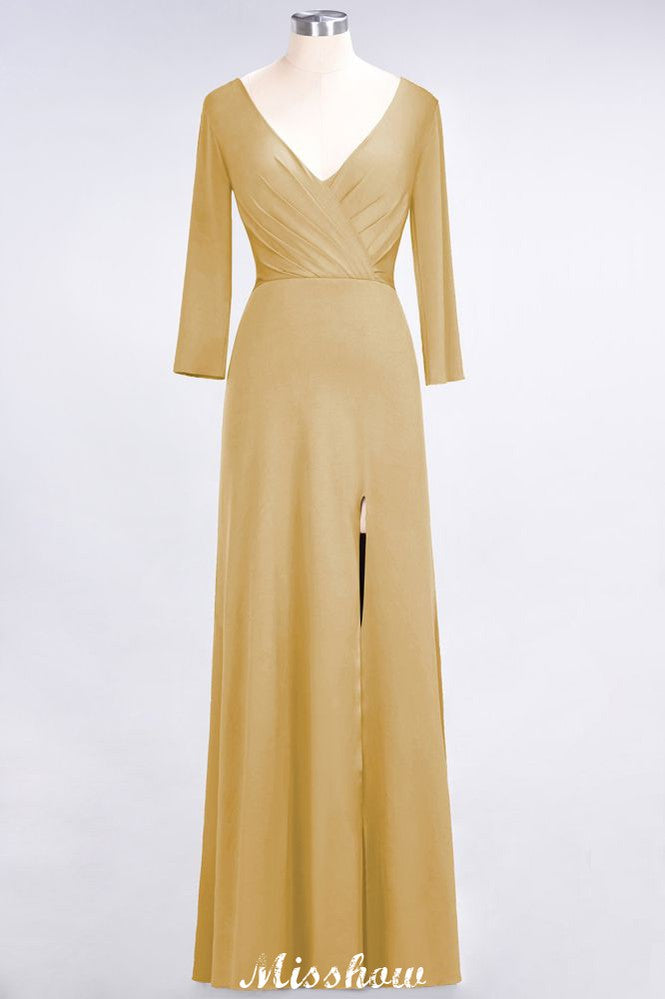 V-Neck Long-Sleeves Side-Slit Floor-Length Bridesmaid Dress with Ruffles