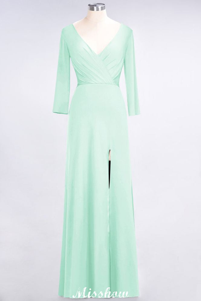 V-Neck Long-Sleeves Side-Slit Floor-Length Bridesmaid Dress with Ruffles