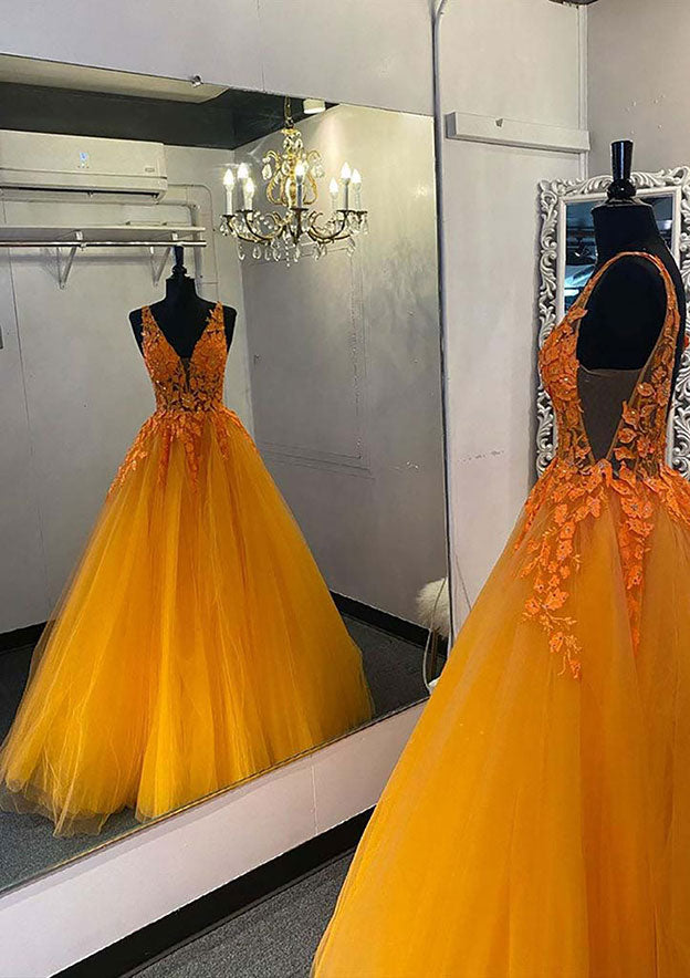 V-Neck Long Tulle Prom Dress/Evening Dress with Appliques - Princess Style - Fashionpara