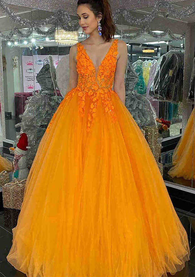 V-Neck Long Tulle Prom Dress/Evening Dress with Appliques - Princess Style - Fashionpara