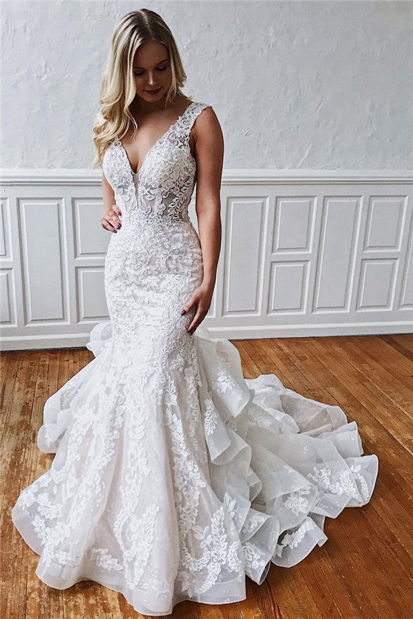 V-Neck Mermaid Lace Wedding Dress With Ruffles - Fashionpara