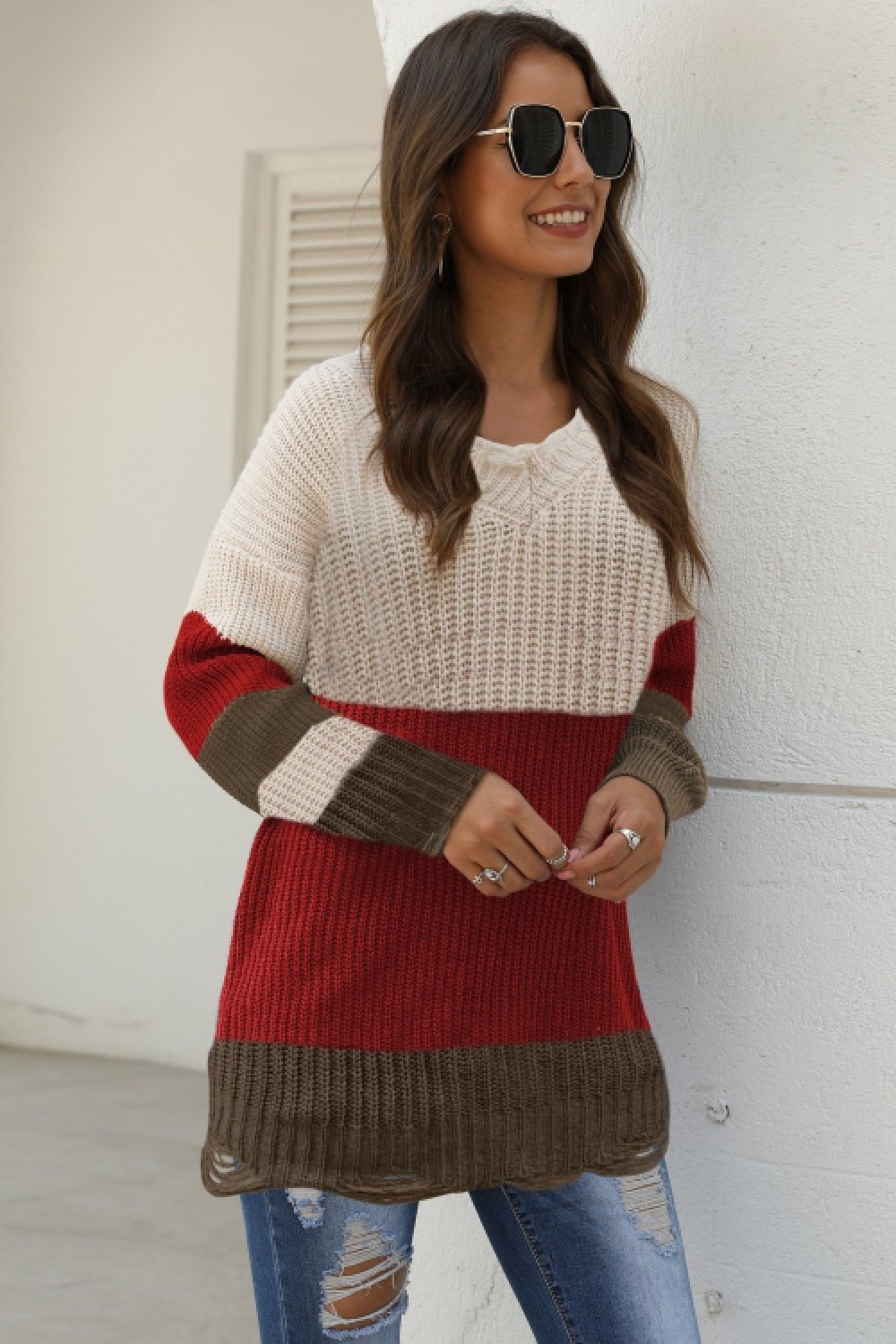 RadyRin V Neck Ruffle Knit Sweater for Effortless Style