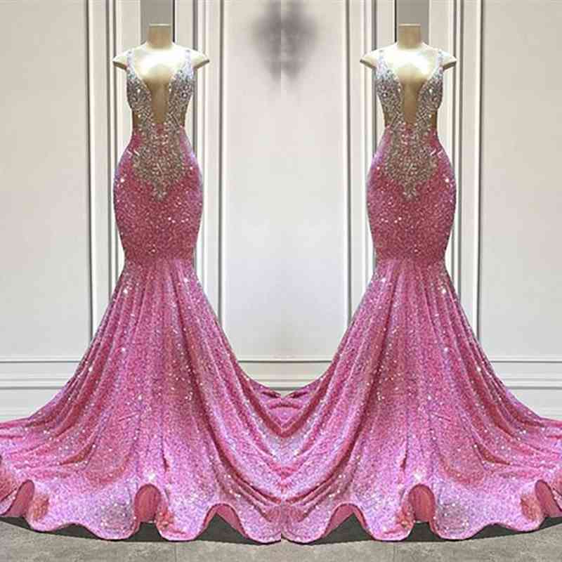 V-Neck Pink Prom Dress Mermaid Sleeveless With Beads - Fashionpara