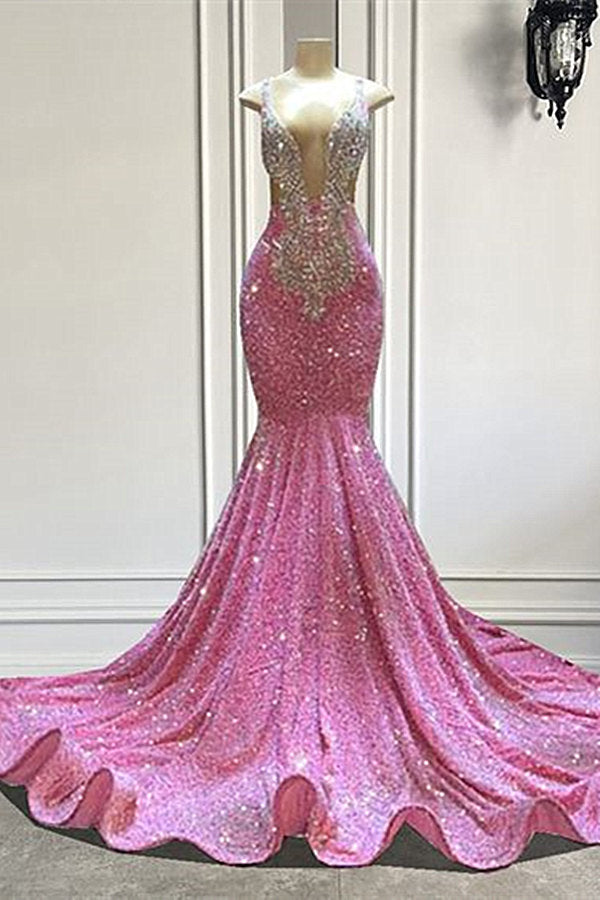 V-Neck Pink Prom Dress Mermaid Sleeveless With Beads - Fashionpara