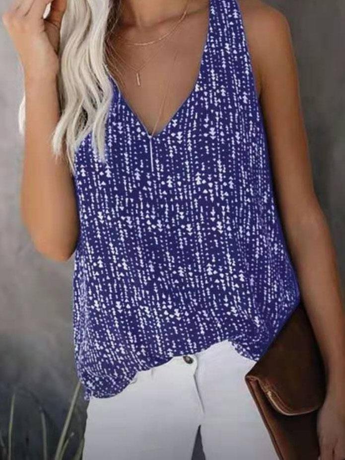 V-neck Printed Solid Color Sleeveless Vest
