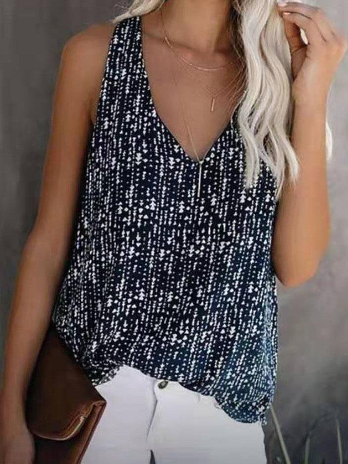 V-neck Printed Solid Color Sleeveless Vest