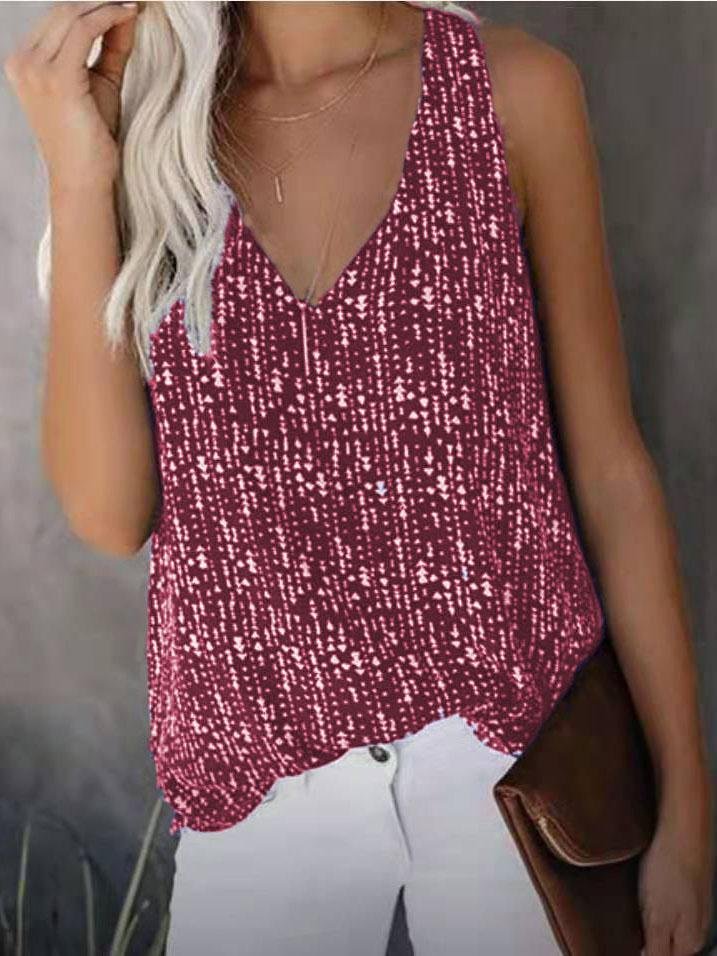 V-neck Printed Solid Color Sleeveless Vest