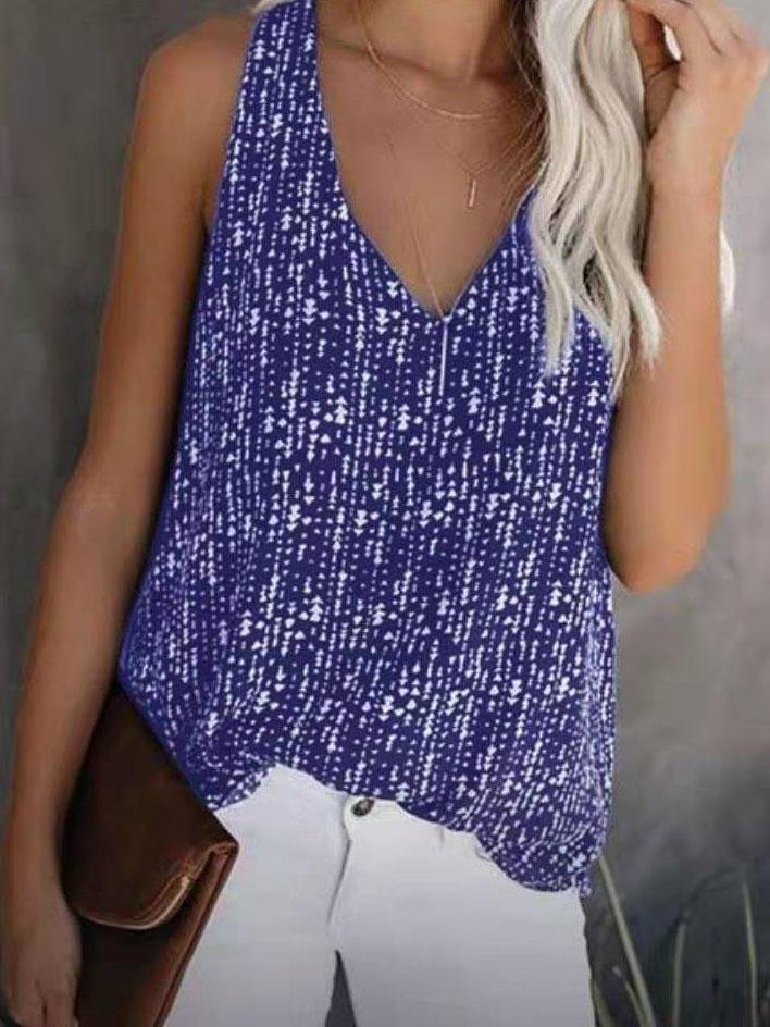 V-neck Printed Solid Color Sleeveless Vest