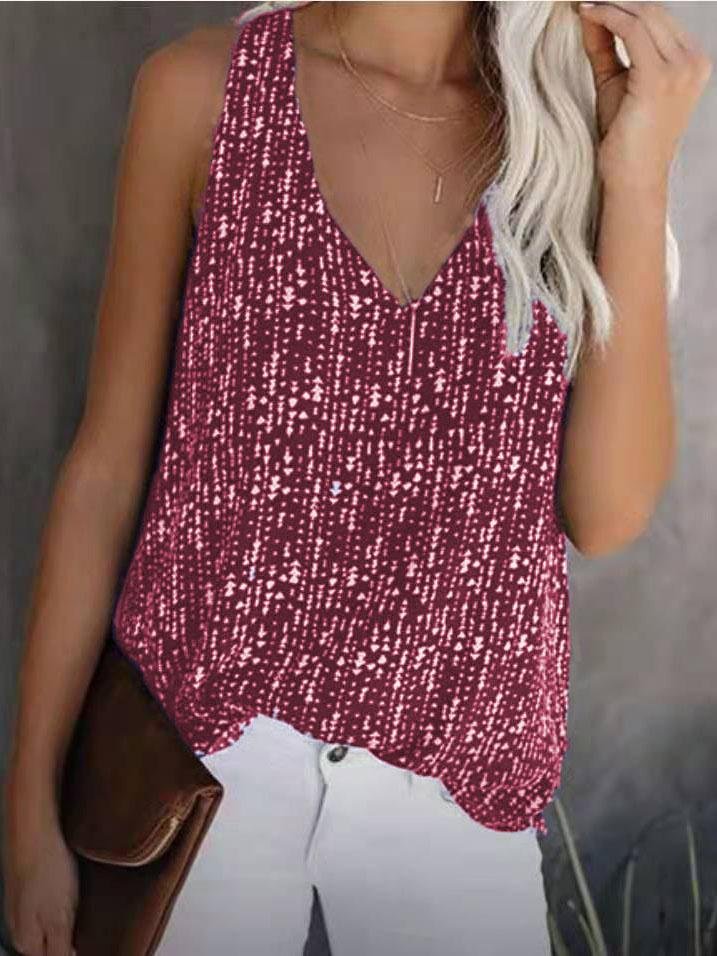 V-neck Printed Solid Color Sleeveless Vest