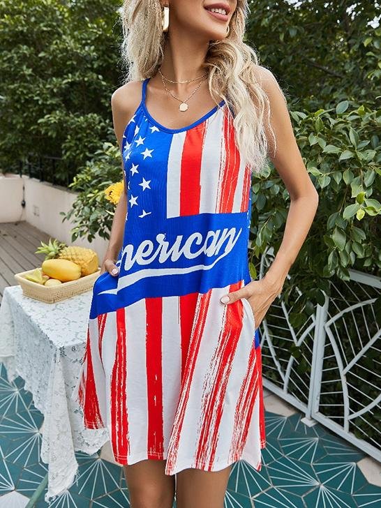 Flag Print Scoop Neck Cami Strap Swing Mini Dress