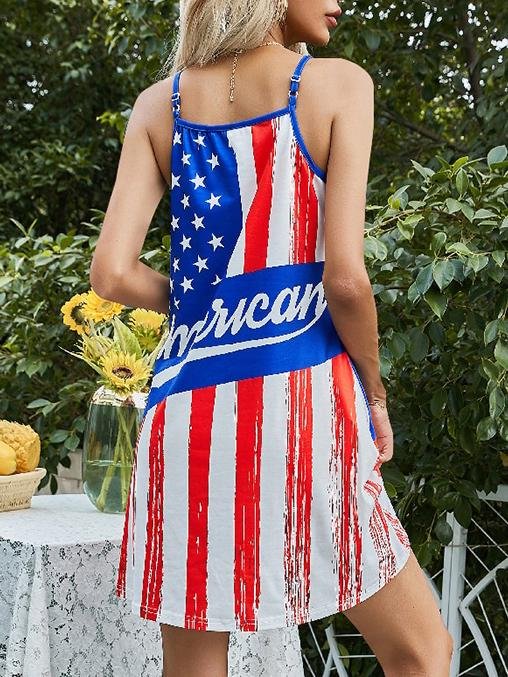 Flag Print Scoop Neck Cami Strap Swing Mini Dress