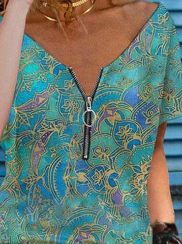 V-neck Printed Zipper Short Sleeve T-shirt