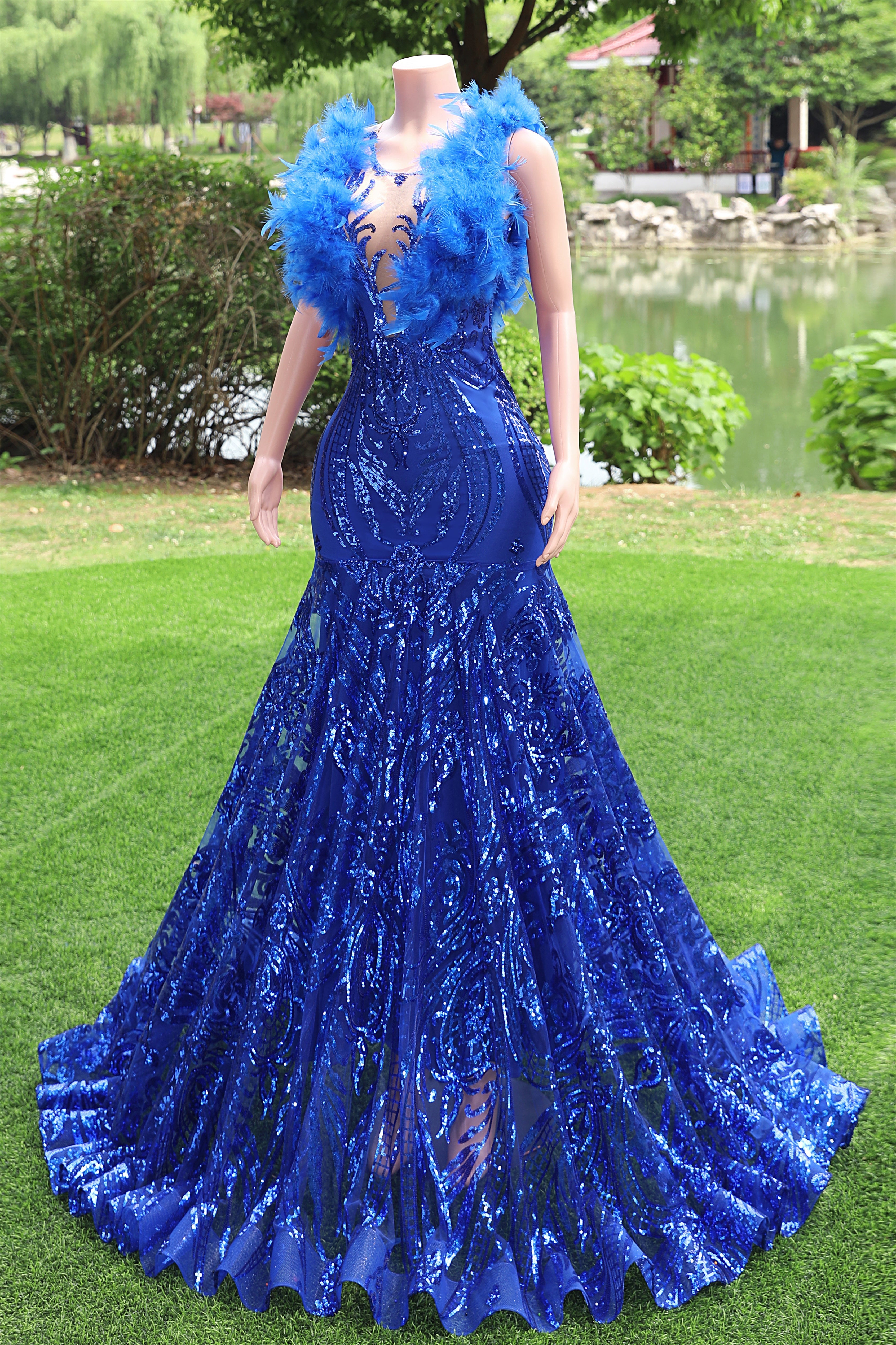 V-neck Royal Blue Feathers Sparkle Sequin Sleeveless Prom Dresses