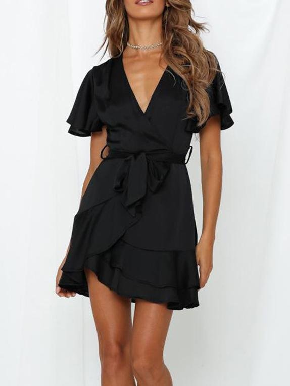 Satin V-Neck Flutter Sleeve Wrap Mini Dress