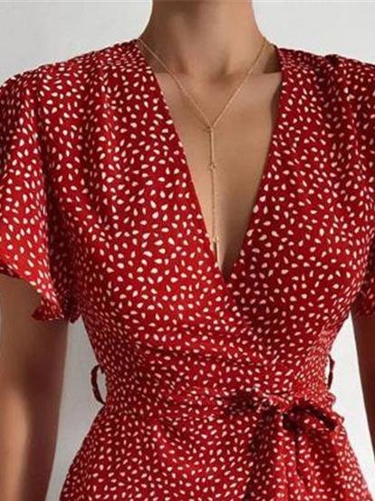 Satin V-Neck Flutter Sleeve Wrap Mini Dress