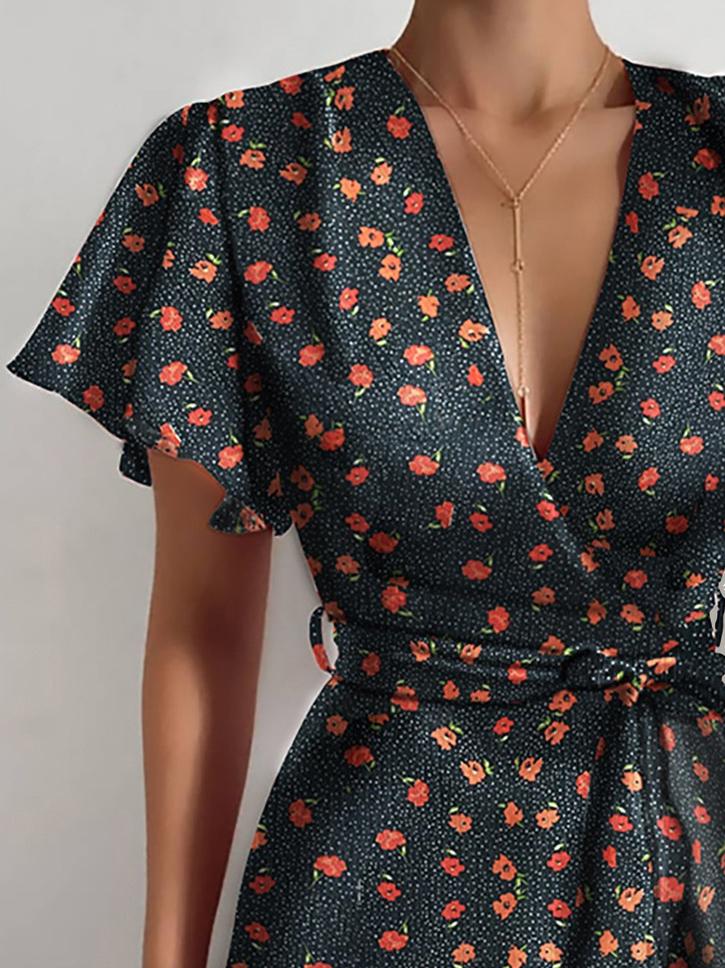 Satin V-Neck Flutter Sleeve Wrap Mini Dress