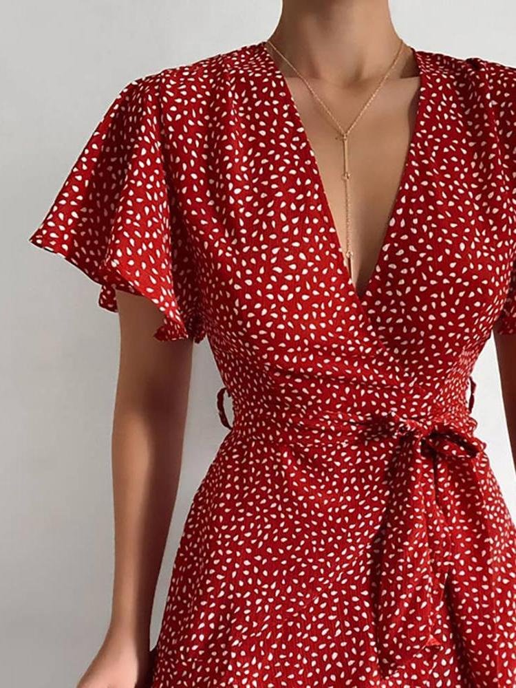 Satin V-Neck Flutter Sleeve Wrap Mini Dress
