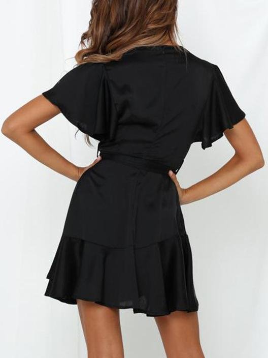 Satin V-Neck Flutter Sleeve Wrap Mini Dress