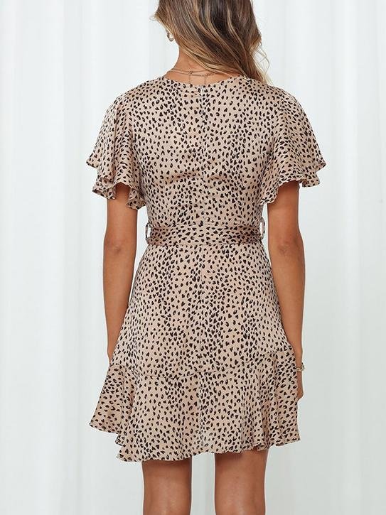 Satin V-Neck Flutter Sleeve Wrap Mini Dress
