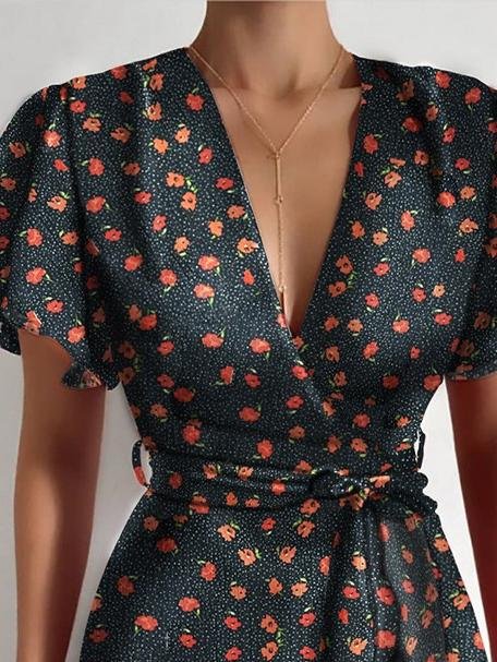 Satin V-Neck Flutter Sleeve Wrap Mini Dress