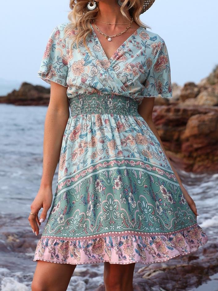V-Neck Short Sleeve Boho Print Dress