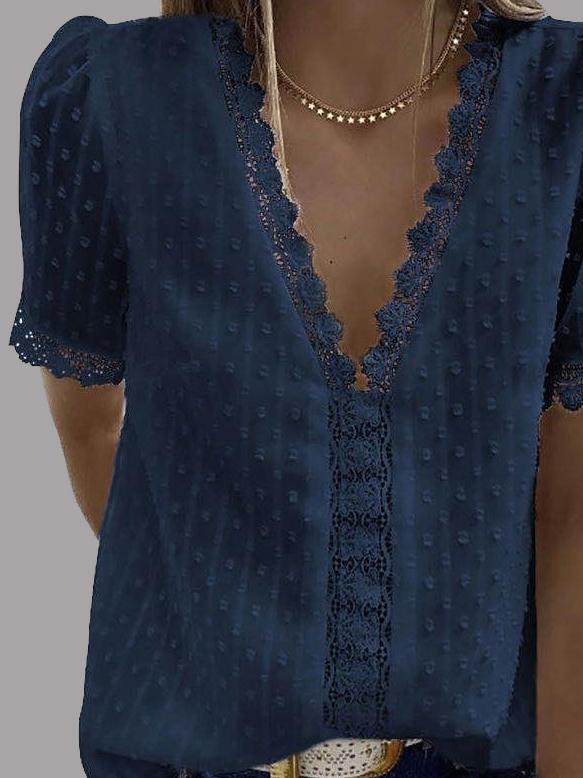 V-neck Short Sleeve Splicing Lace Chiffon Blouses