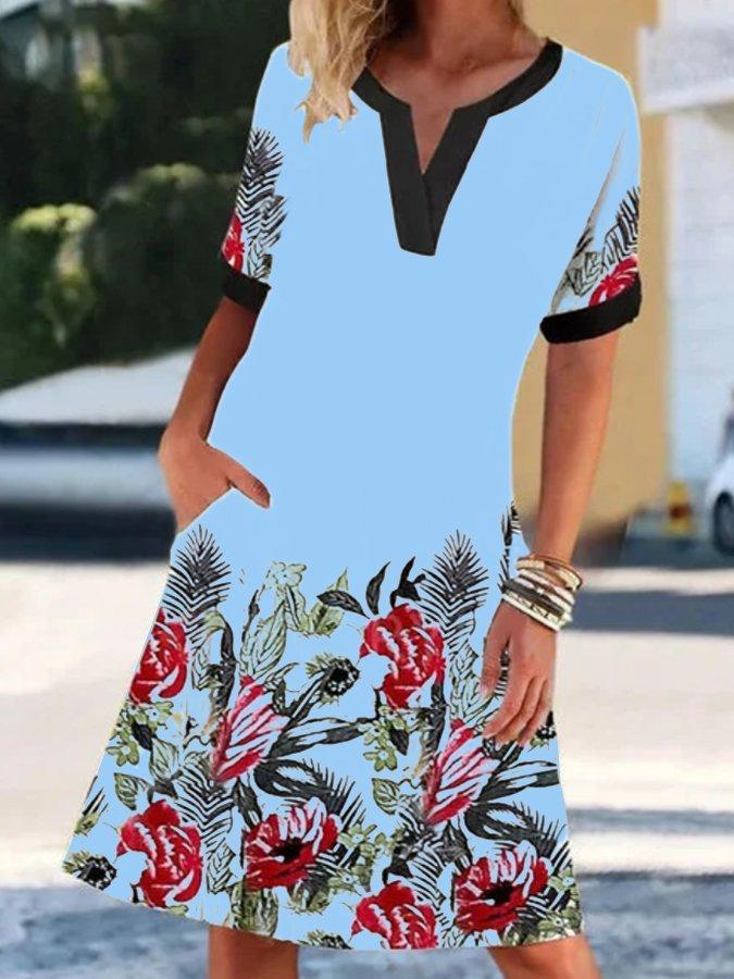 V-Neck Short Sleeve Vintage Print Elegant Dress