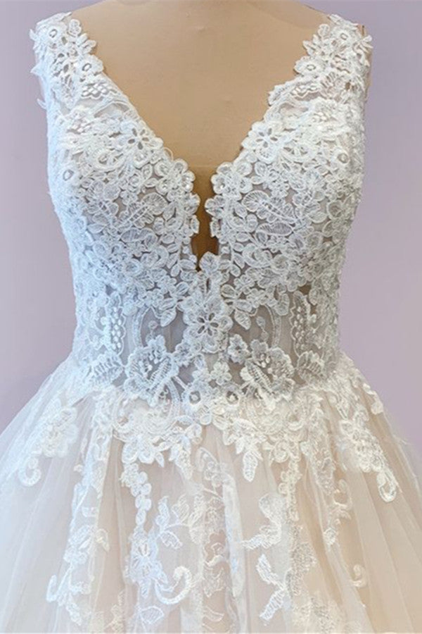 V-Neck Sleeveless Ball Gown Wedding Dress Lace Appliques - Fashionpara