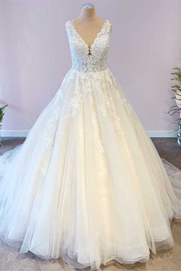 V-Neck Sleeveless Ball Gown Wedding Dress Lace Appliques - Fashionpara