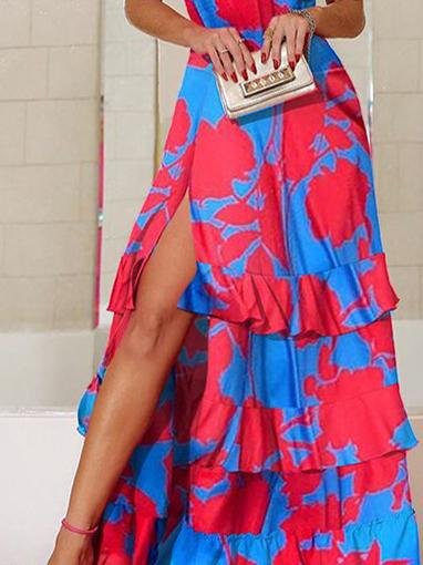Floral Print Halter Neck Tiered High Slit Maxi Dress