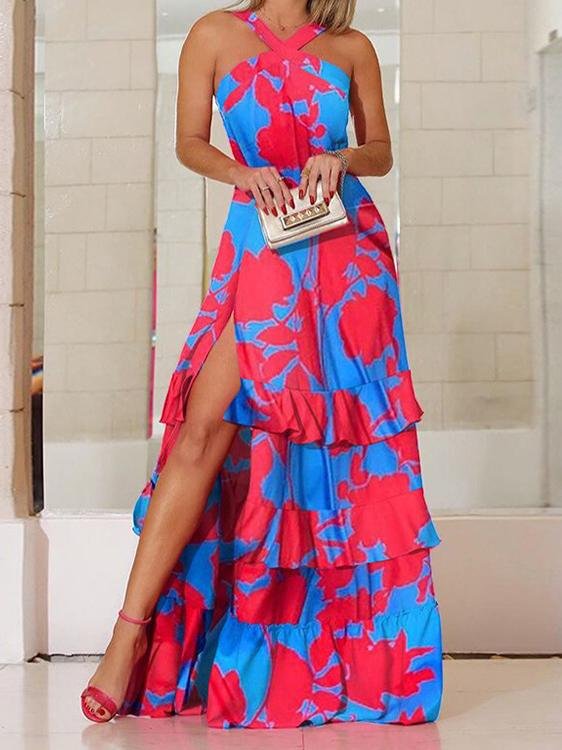 Floral Print Halter Neck Tiered High Slit Maxi Dress