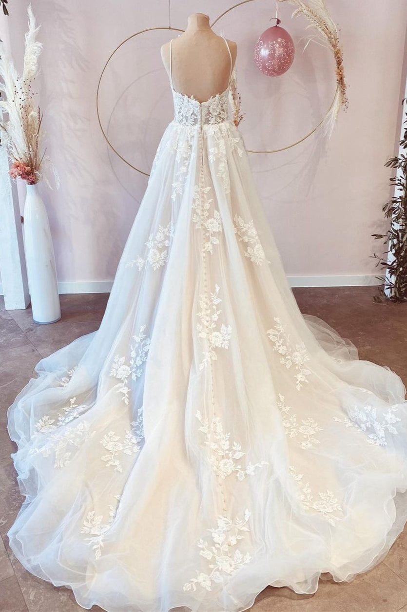 V-Neck Sleeveless Lace Wedding Dress - Fashionpara