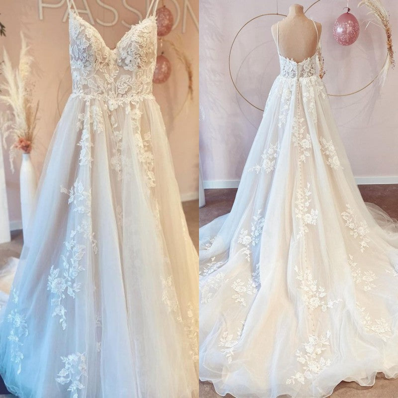 V-Neck Sleeveless Lace Wedding Dress - Fashionpara