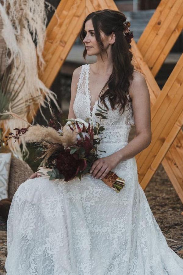 V-Neck Sleeveless Lace Wedding Dress Open Back Beach Bridal Wear - Fashionpara