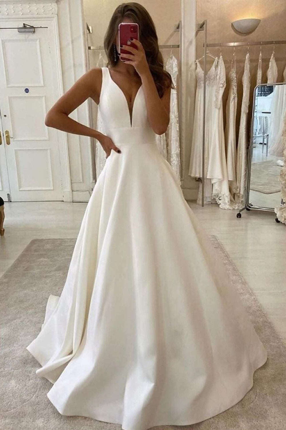 V-Neck Sleeveless Long Wedding Dress - Fashionpara