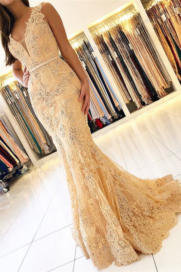 V-Neck Sleeveless Mermaid Evening Dress Lace Appliques - Fashionpara