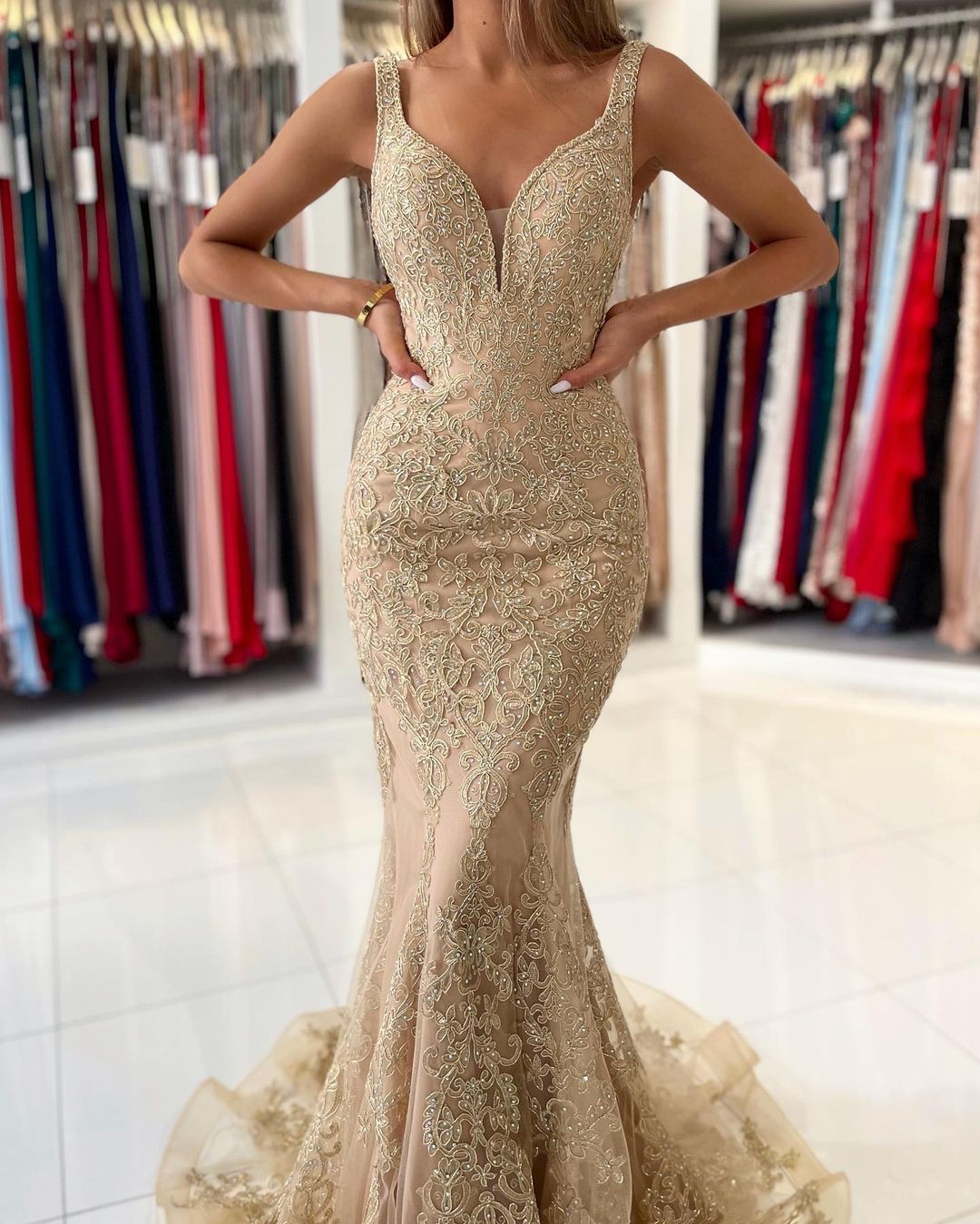 V-Neck Sleeveless Mermaid Prom Dress With Gold Appliques - Fashionpara