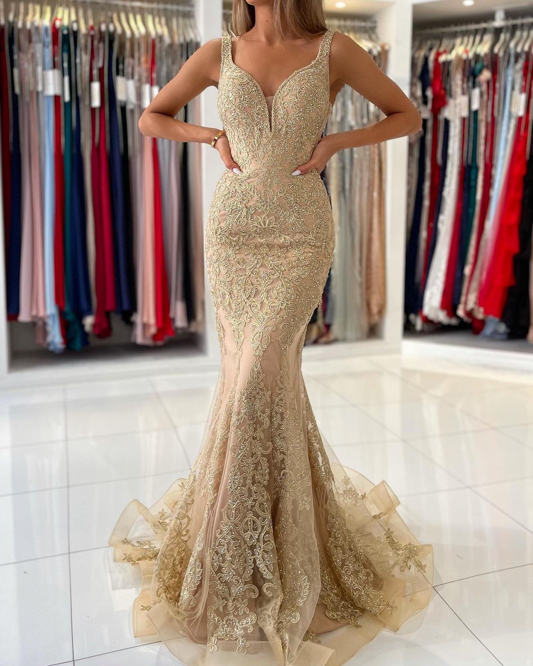V-Neck Sleeveless Mermaid Prom Dress With Gold Appliques - Fashionpara