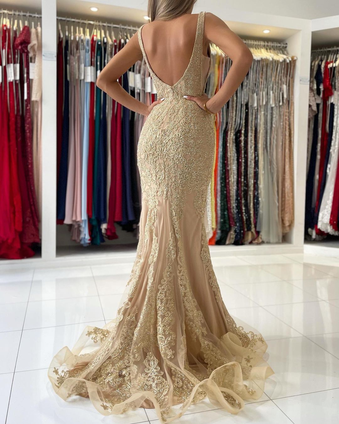 V-Neck Sleeveless Mermaid Prom Dress With Gold Appliques - Fashionpara