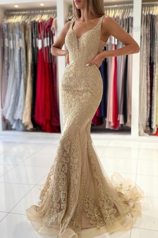 V-Neck Sleeveless Mermaid Prom Dress With Gold Appliques - Fashionpara