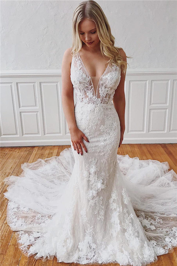 V-Neck Sleeveless Mermaid Wedding Dress With Appliques Detachable Skirt - Fashionpara