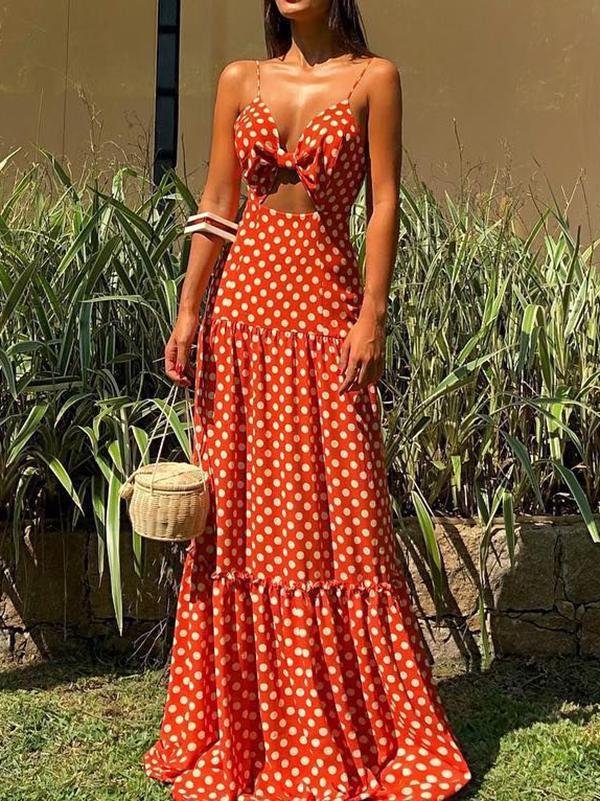 V-neck Sleeveless Polka Dot Beach Dress - Fashionpara