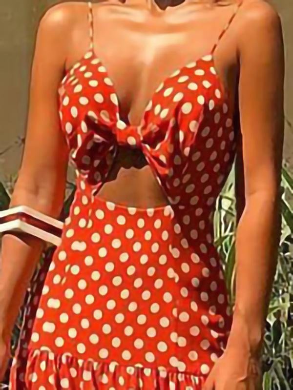 V-neck Sleeveless Polka Dot Beach Dress - Fashionpara