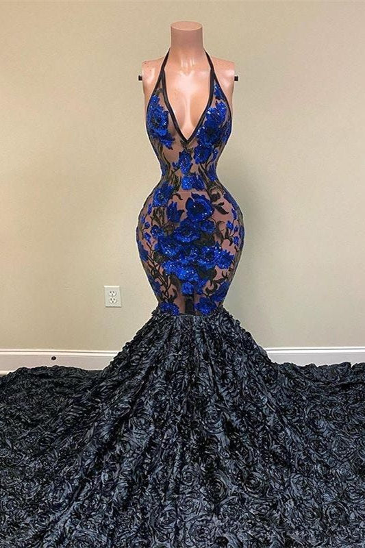 V-Neck Sleeveless Prom Dress Mermaid With Flowers Bottom - Fashionpara