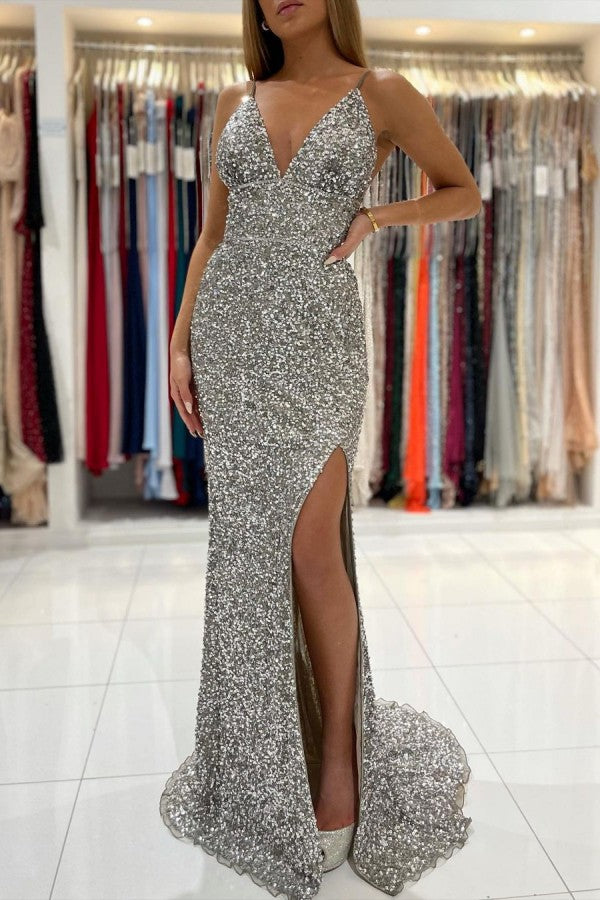 V-Neck Sleeveless Sequins Prom Dress Mermaid With Slit - Fashionpara