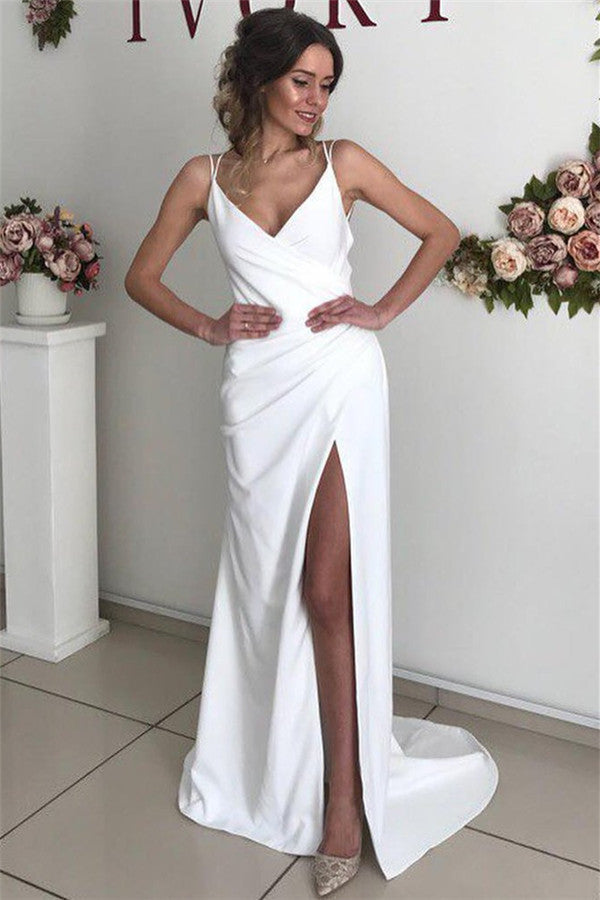 V-Neck Sleeveless Simple Wedding Dress Mermaid With Slit - Fashionpara