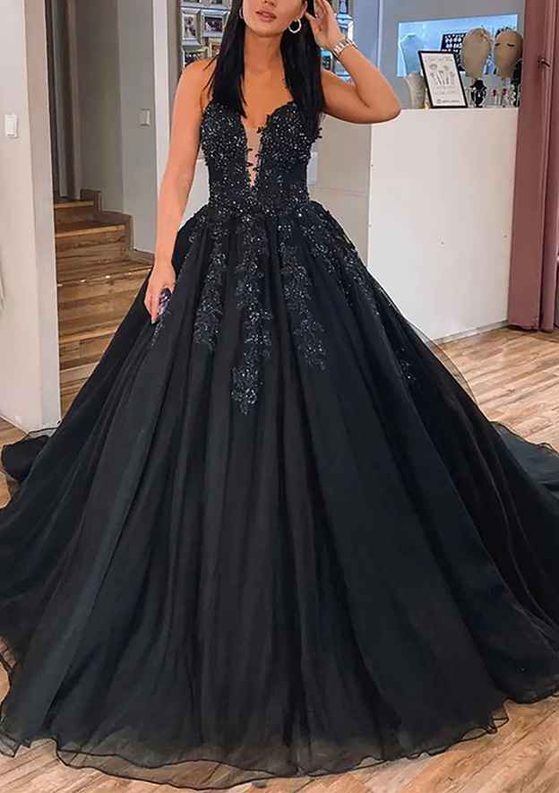 V-Neck Sleeveless Tulle Court Train Prom Dress/Evening Dress With Appliqued Beading Ball Gown - Fashionpara