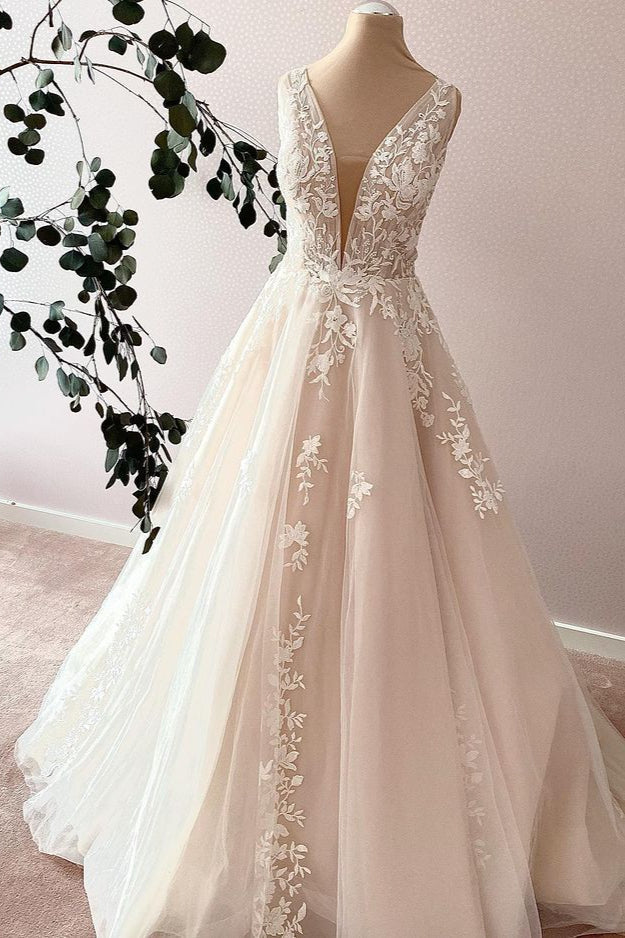 V-Neck Sleeveless Tulle Wedding Dress A-Line - Fashionpara
