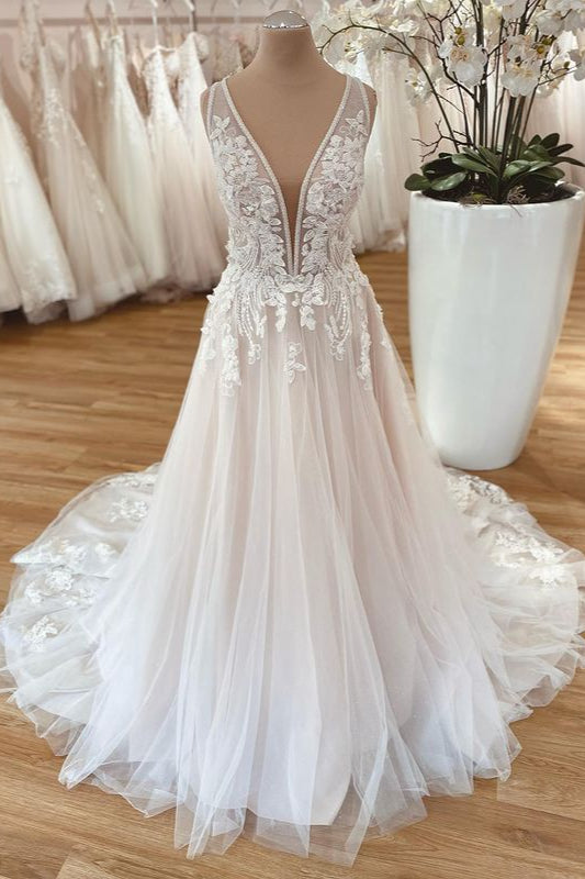 V-Neck Sleeveless Tulle Wedding Dress Long With Appliques - Fashionpara