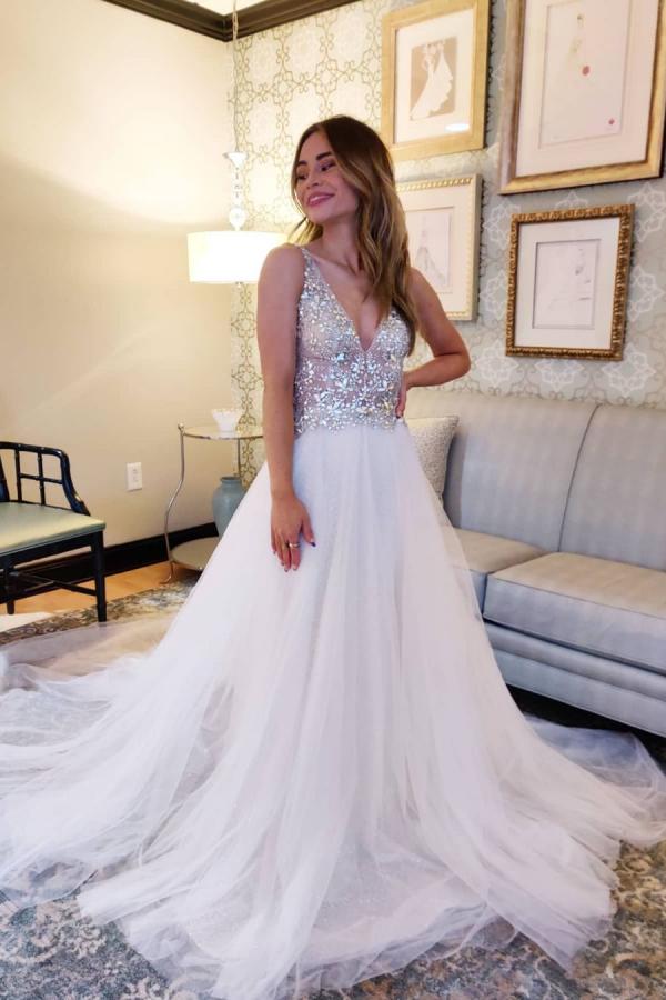 V-Neck Sleeveless Tulle Wedding Dress With Beads - Fashionpara